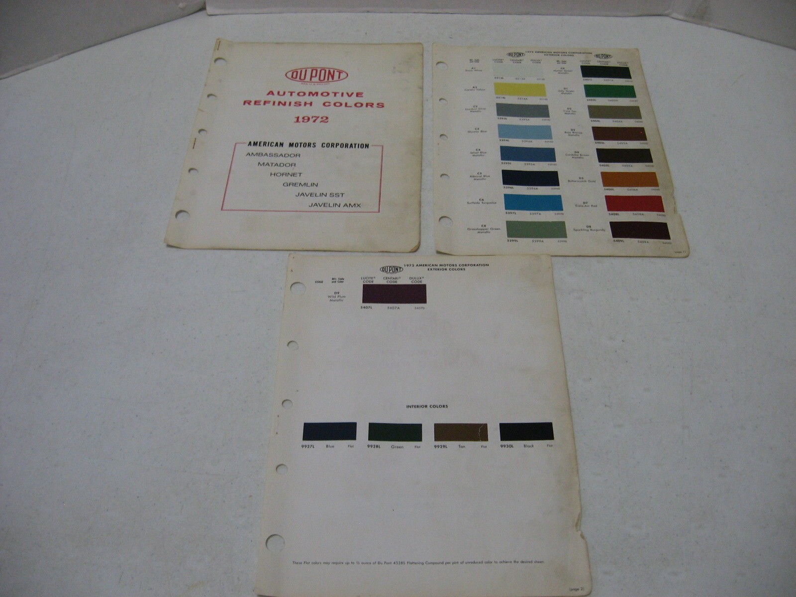 1972 AMC Javelin AMX SST Hornet Original DuPont 2 Page Paint Color Chip Chart