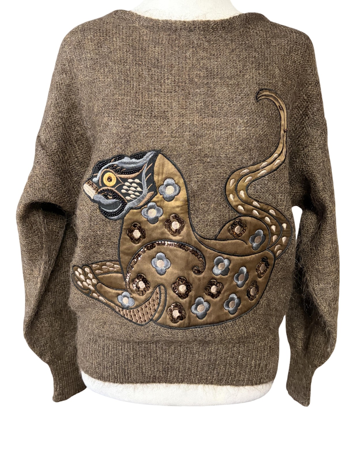 Vintage Escada Sweater Womens 36 Brown Mohair Leopard Sequin Graphic Germany 80s