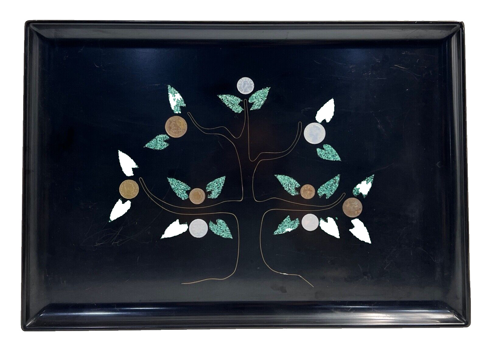 Vintage Couroc of Monterey Tray Inlaid Tree with Foreign Coins Leaves 12.5 Vintage Couroc of Monterey Tray Inlaid Tree with Foreign Coins Leaves 12.5