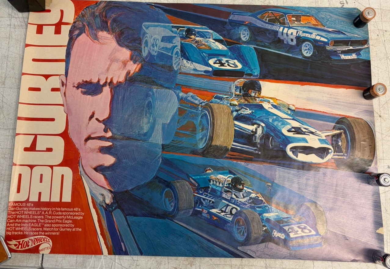 Vintage 1970 Mattel Hot Wheels Racing Poster “DAN GURNEY” Redline Collection