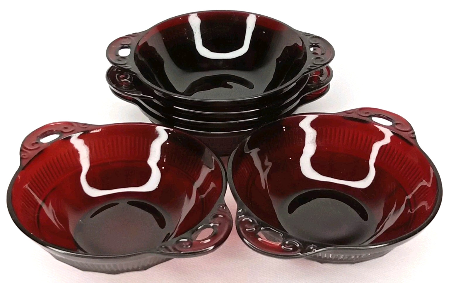 Antique 1930s Anchor Hocking Glass Ruby Red Dessert Bowl Set Of 6 Made In USA