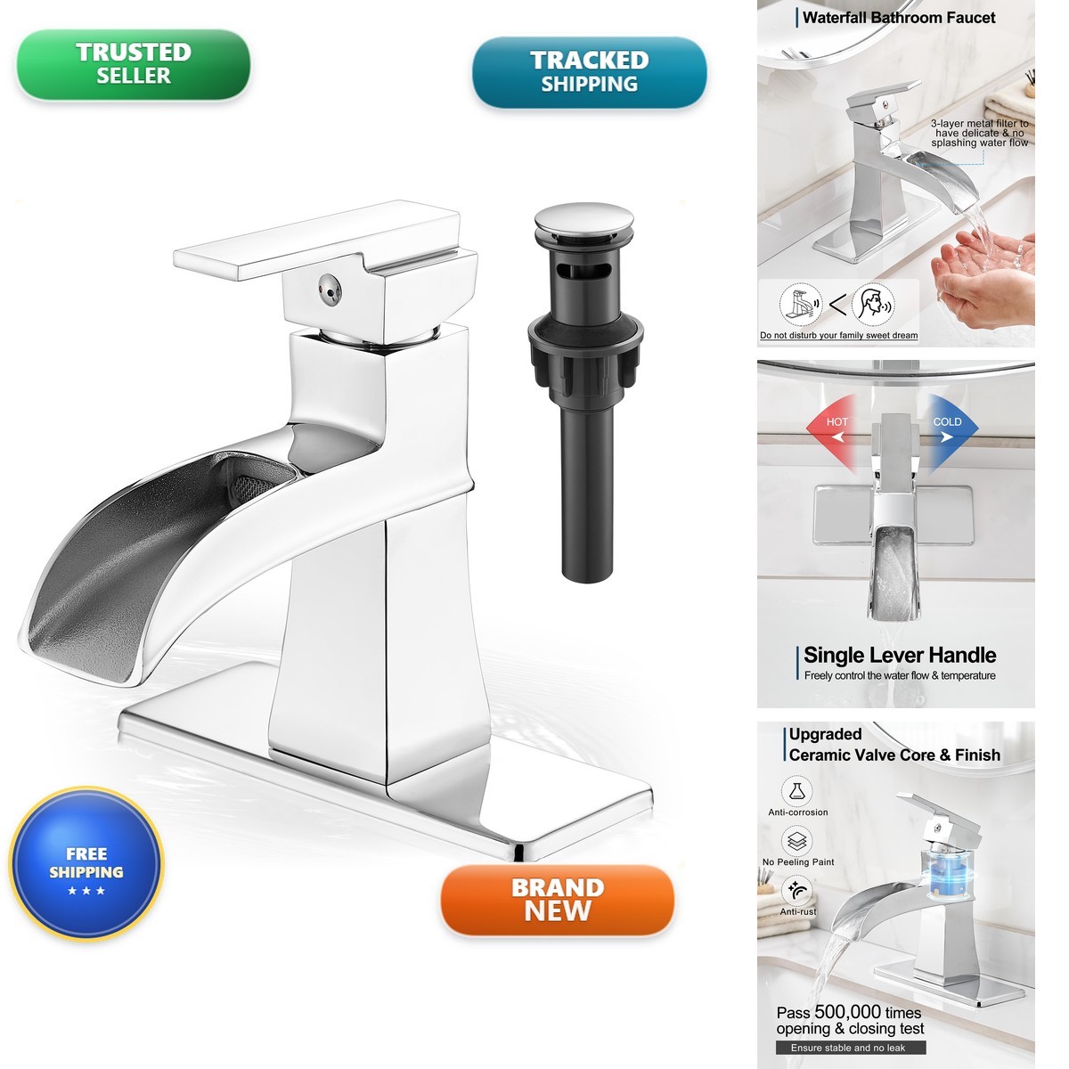 HOIGY Waterfall Chrome Bathroom Faucet, Brass 4 Inch Bathroom Faucets One Hole