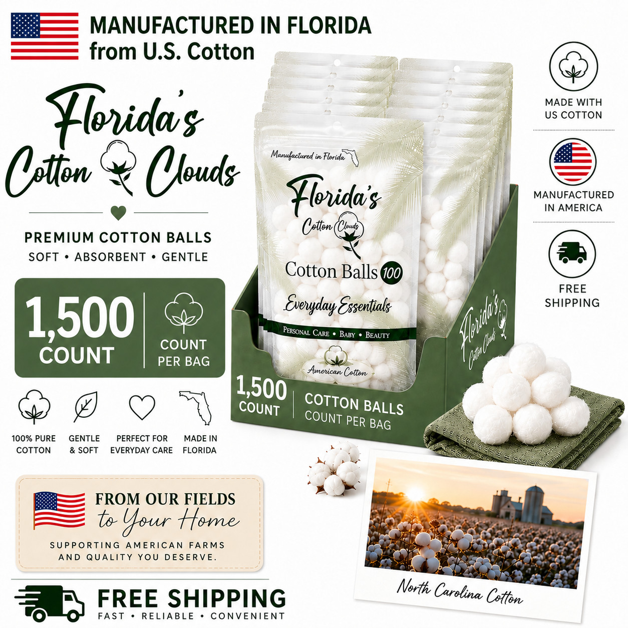 1500 Cotton Balls Made in USA Natural Cotton Soft, 15 PACK 100 Count Each