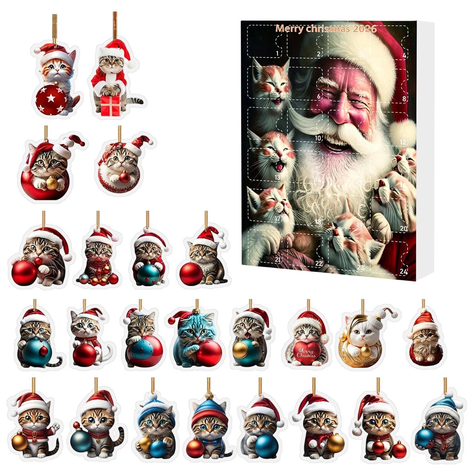 Christmas Countdown Calendar 2026 2D Acrylic Cat Merry Christmas Decor 24 Days
