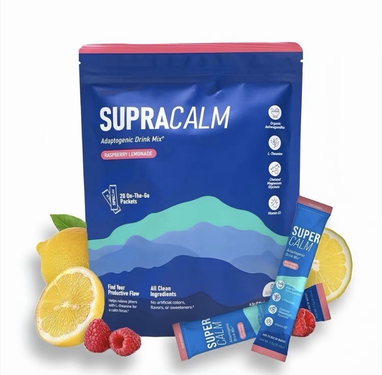 SUPRACALM Adaptogenic Drink Mix Raspberry Lemonade 20 Packets Ashwagandha SUPRACALM Adaptogenic Drink Mix Raspberry Lemonade 20 Packets Ashwagandha