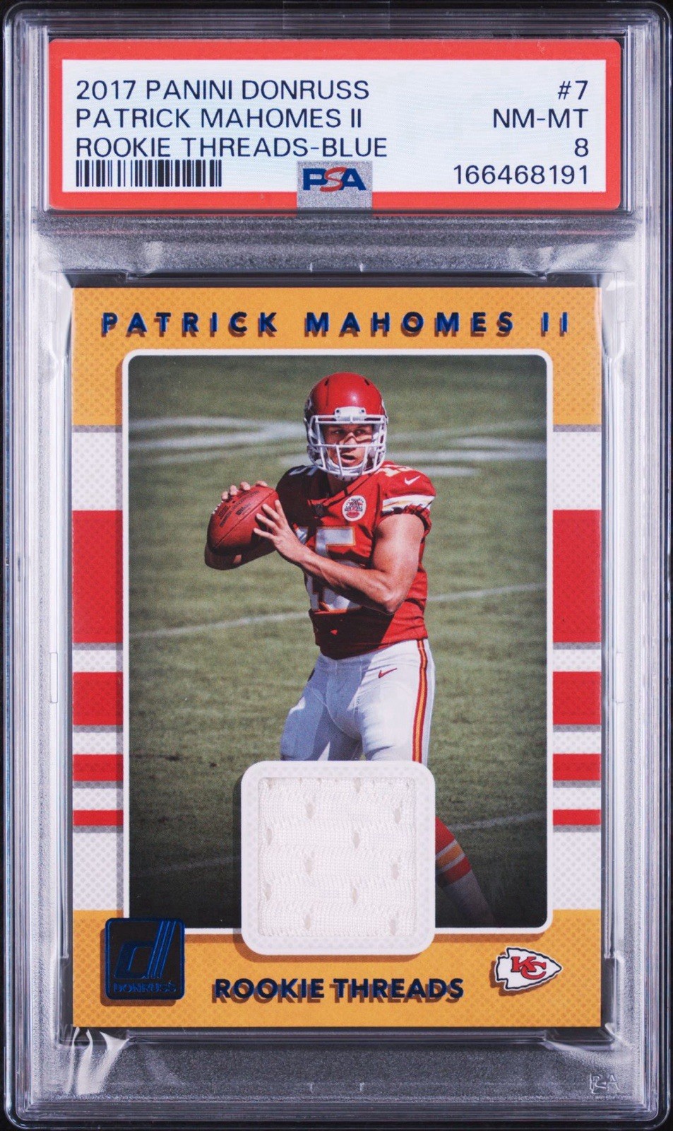 Panini 2017 Donruss Patrick Mahomes II Chiefs Rookie Threads Blue #7 PSA 8 Panini 2017 Donruss Patrick Mahomes II Chiefs Rookie Threads Blue #7 PSA 8