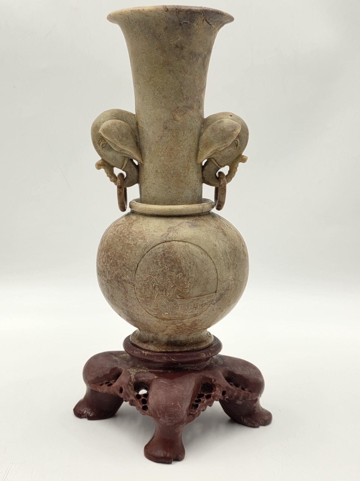 Antique Chinese Carved Hardstone Vase Elephant Ring Handles Stone Stand 12\ Antique Chinese Carved Hardstone Vase Elephant Ring Handles Stone Stand 12\