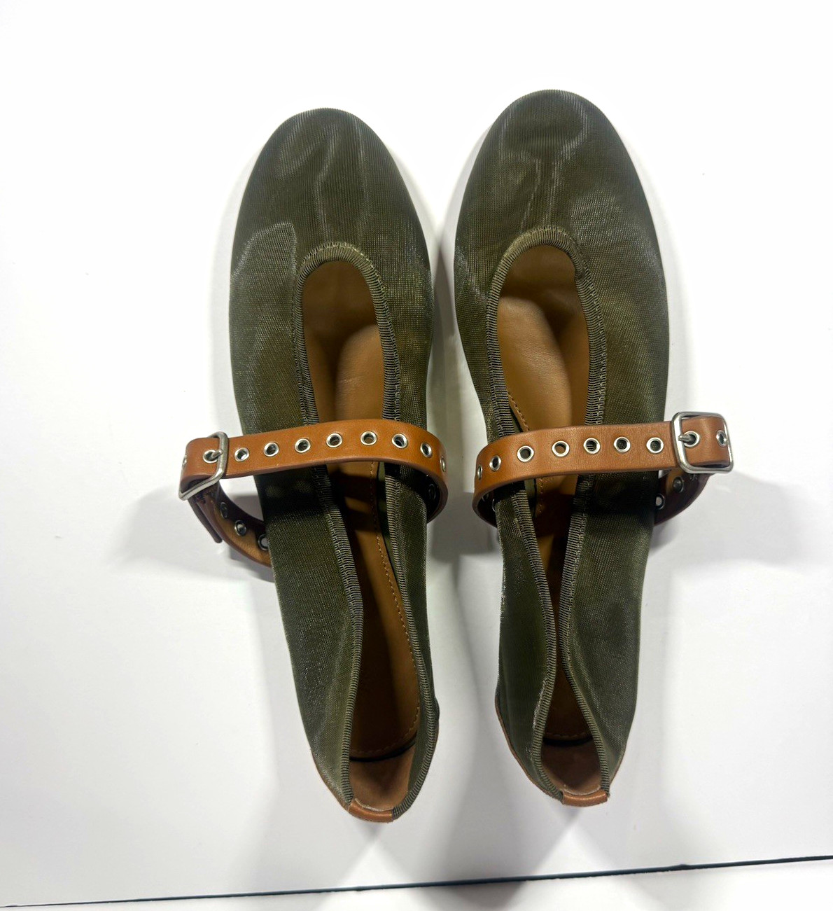 Madewell Women\'s Green Textile Mary Jane Flats w/ Brown Buckle Strap size 9