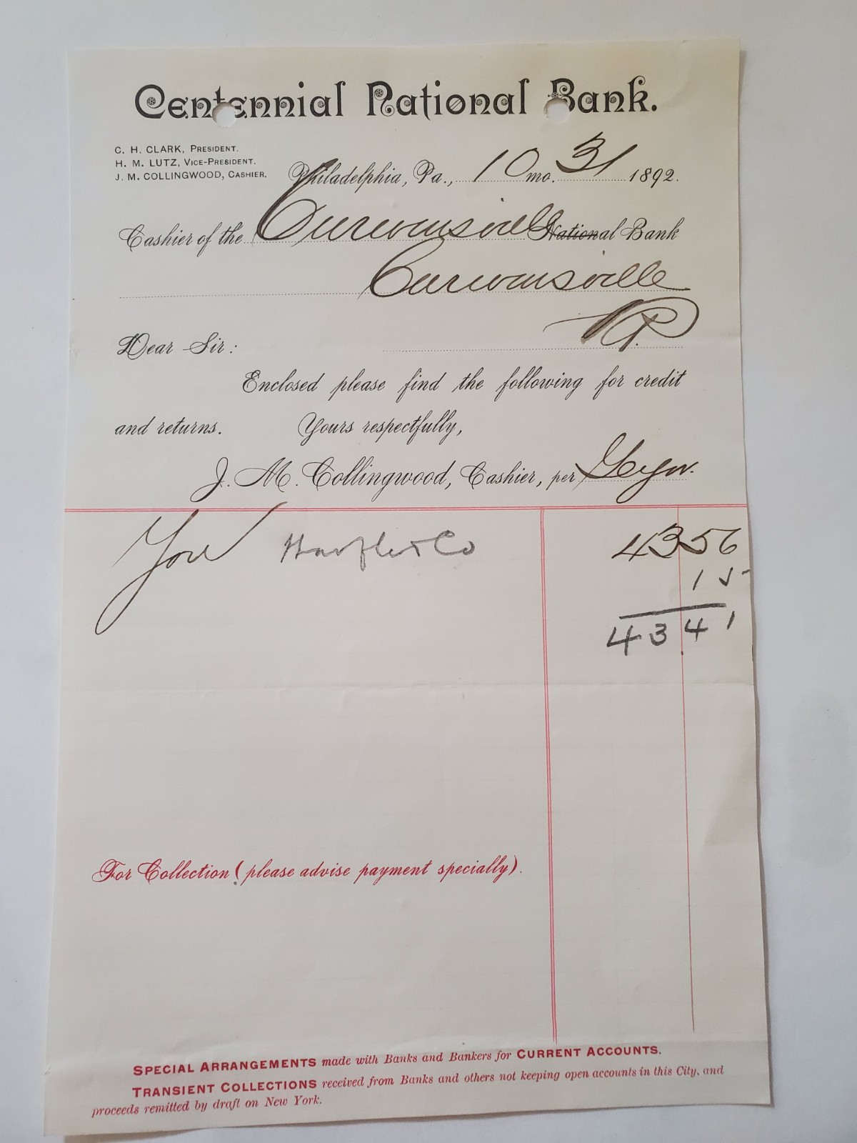 1892 Document, Centennial National Bank, Philadelphia, PA