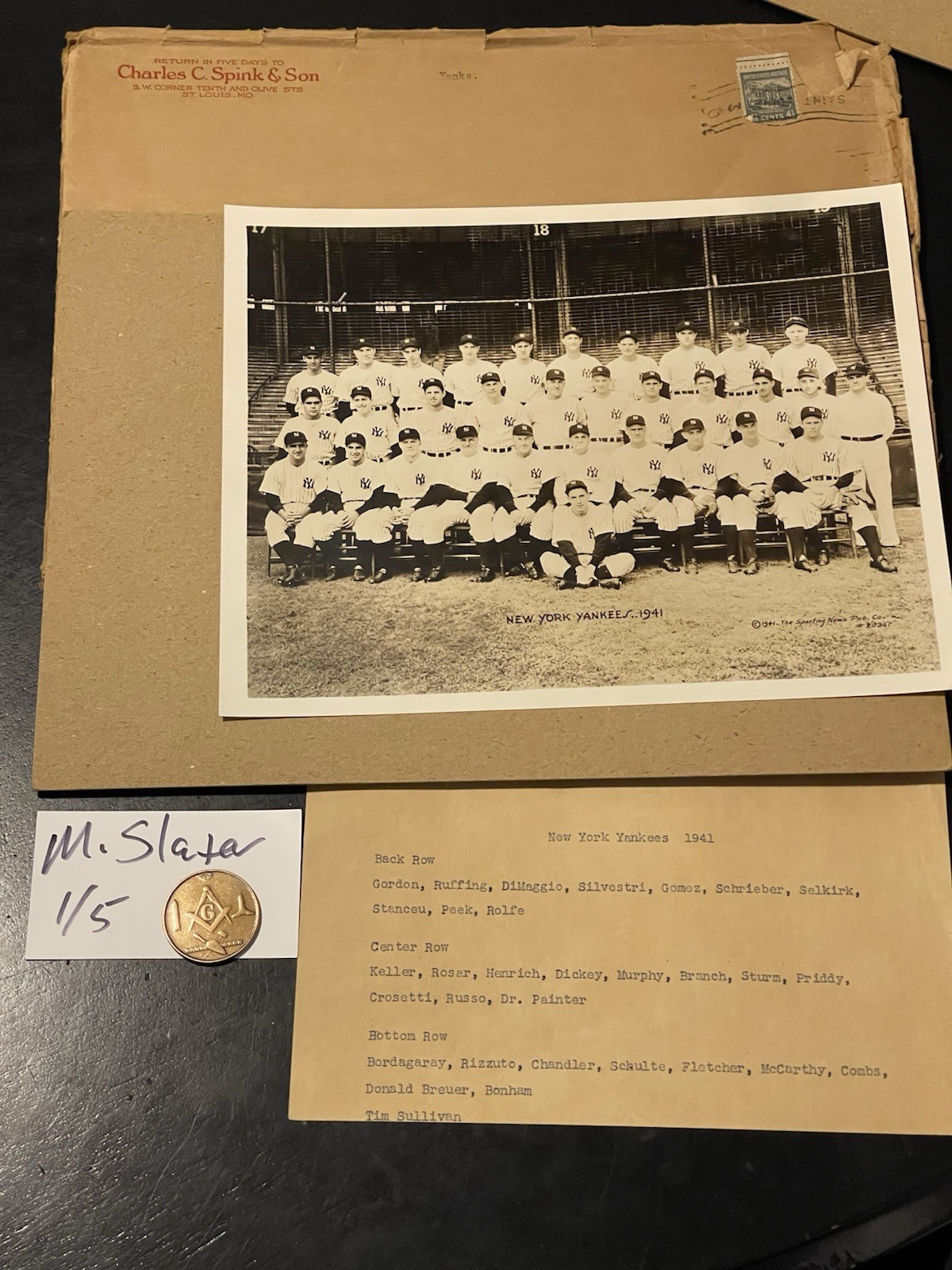 1941 8x10 New York Yankees WS Champs Team Photo With Original Env & 1938 Stamp