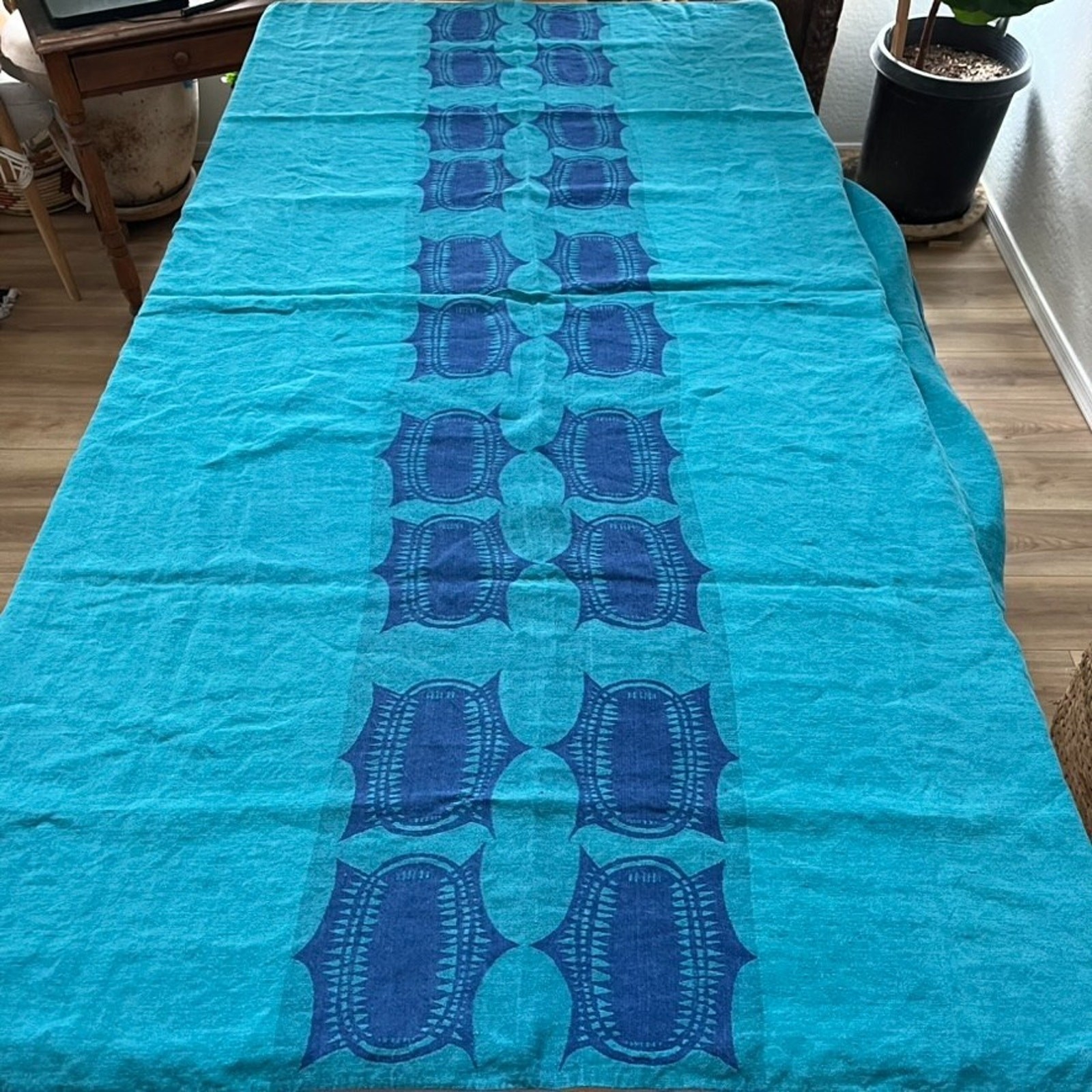 Vtg Dansk Ritva Puotila Finnish Accent Blue Linen Tablecloth 85
