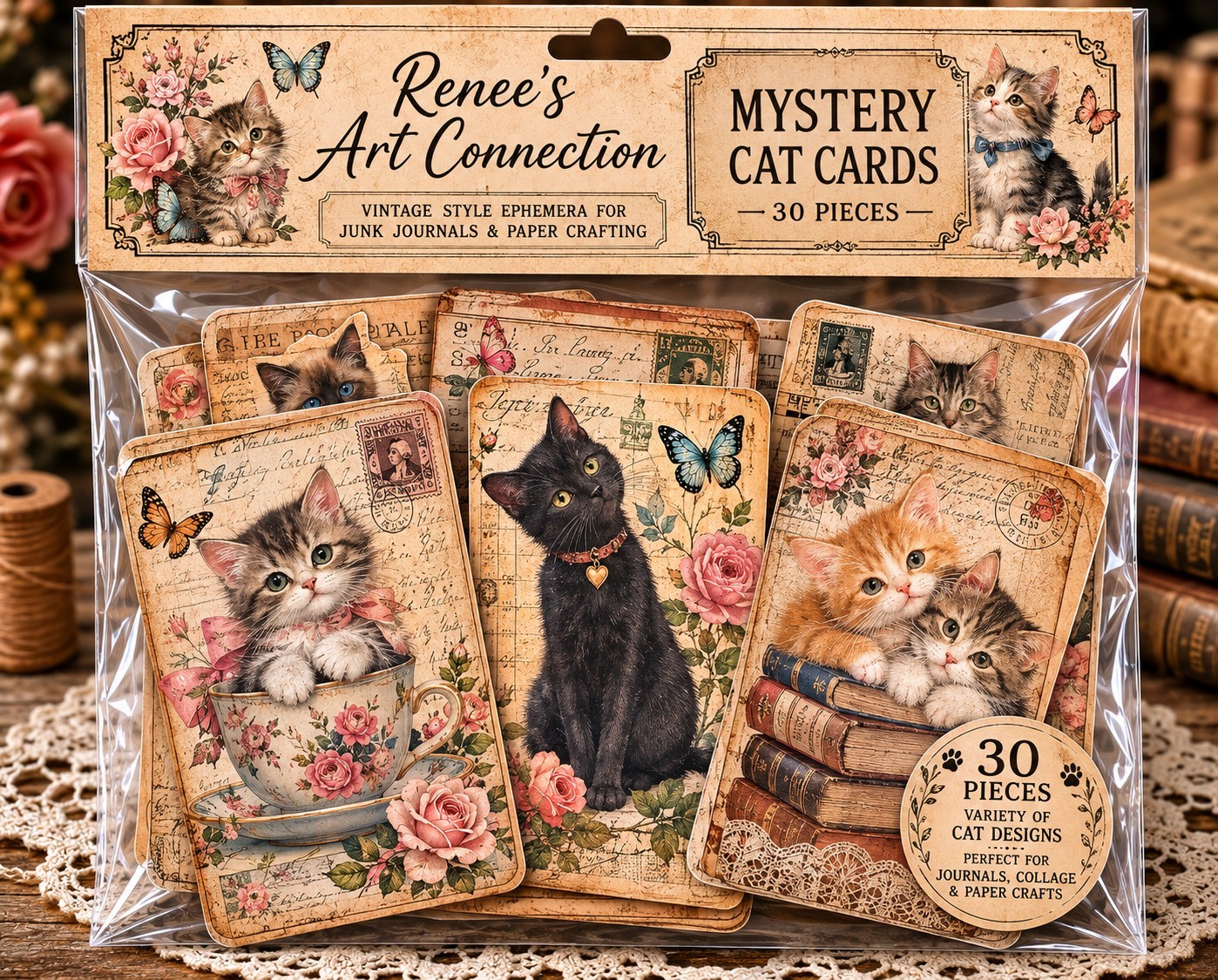Vintage Cat Cards Mystery Pack 30 Pieces Junk Journal Ephemera