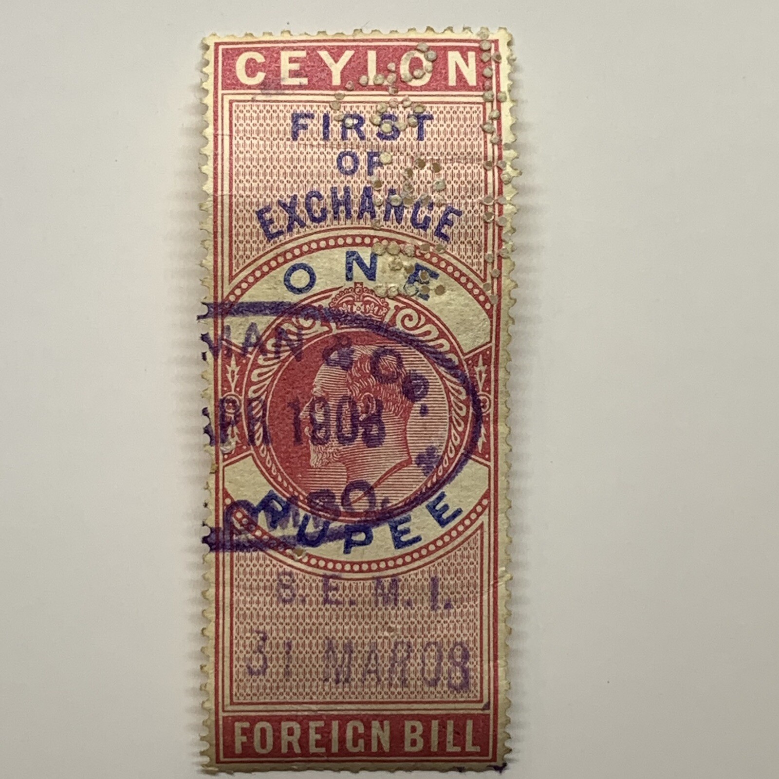1908 CEYLON FIRST OF EXCHANGE FOREIGN BILL STAMP ONE RUPEE 1908 CEYLON FIRST OF EXCHANGE FOREIGN BILL STAMP ONE RUPEE
