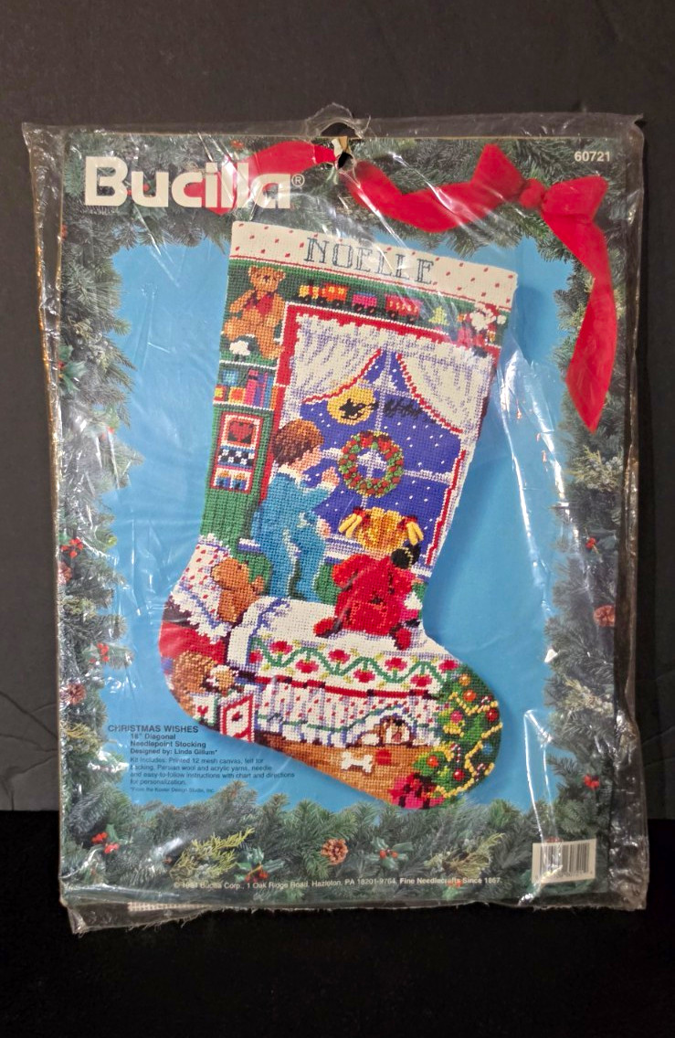 Vtg 1994 Bucilla Needlepoint Stocking Kit Christmas Wishes 18