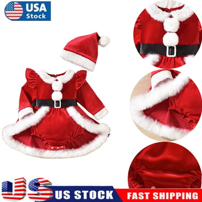 Newborn Baby Girls Santa Long Sleeve Velour Christmas Dress+Hat Party Outfits