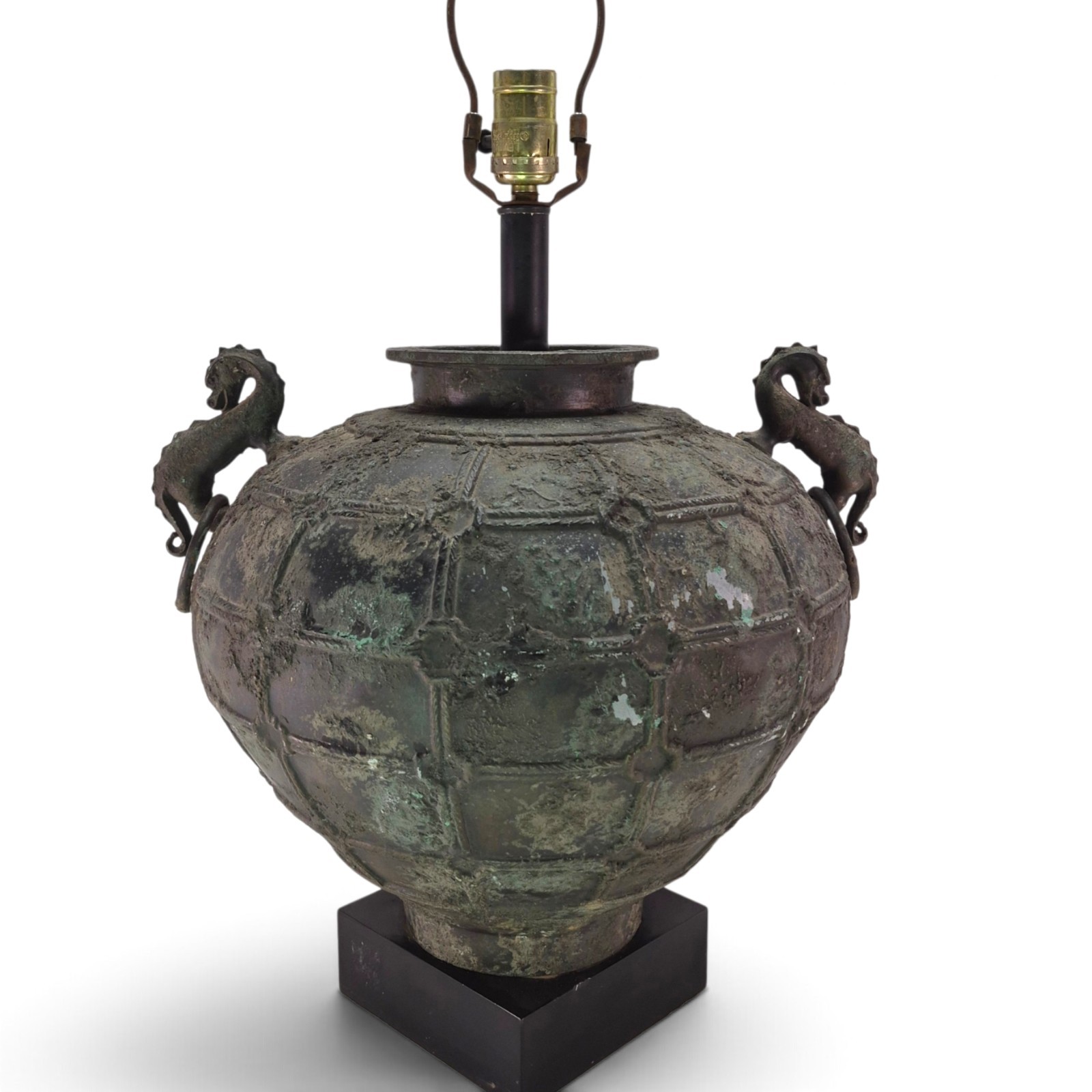 Vintage Large Chinese Archaistic Patina Pottery Vase Table Lamp w/Handles, 26