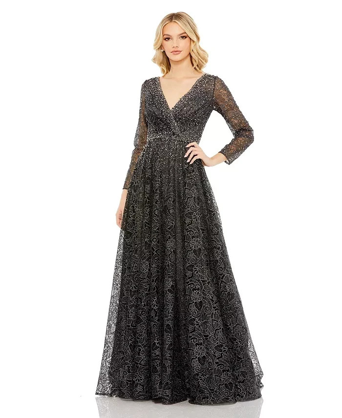 Mac Duggal Graphite Embellished Illusion Long Sleeve V Neck Gown Size 14 $798