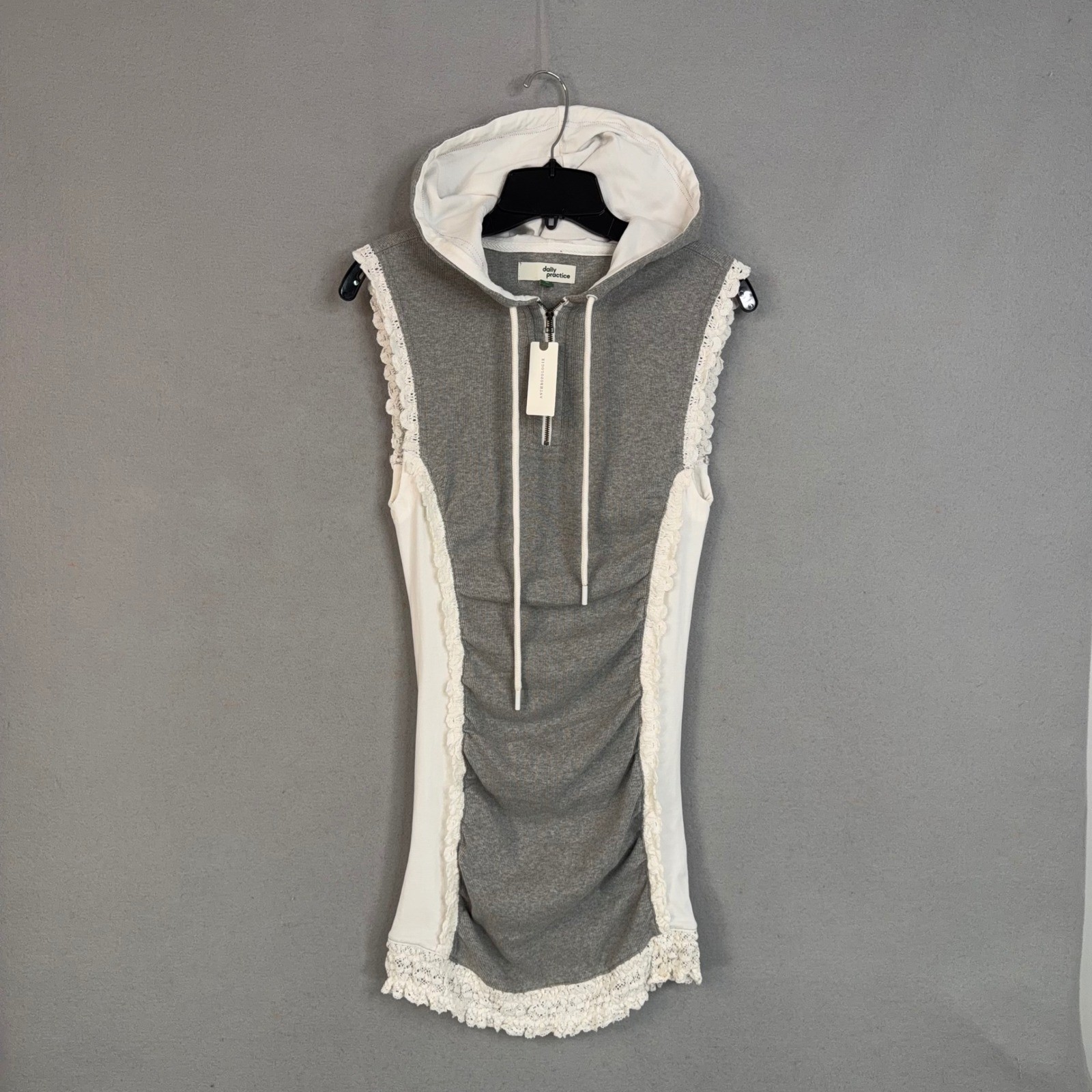 Daily Practice Hoodie Dress Womens Small Grey Lace Trim Ruched Boho Sleeveless