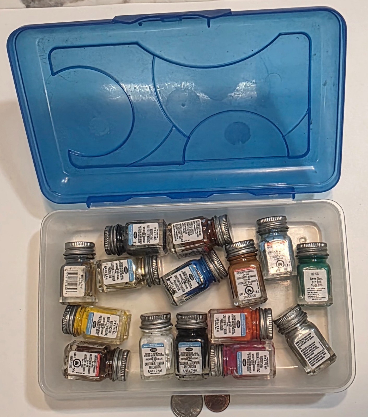 Vintage Testors Acrylic Model Paint Lot 14 Bottles With Blue Storage Container