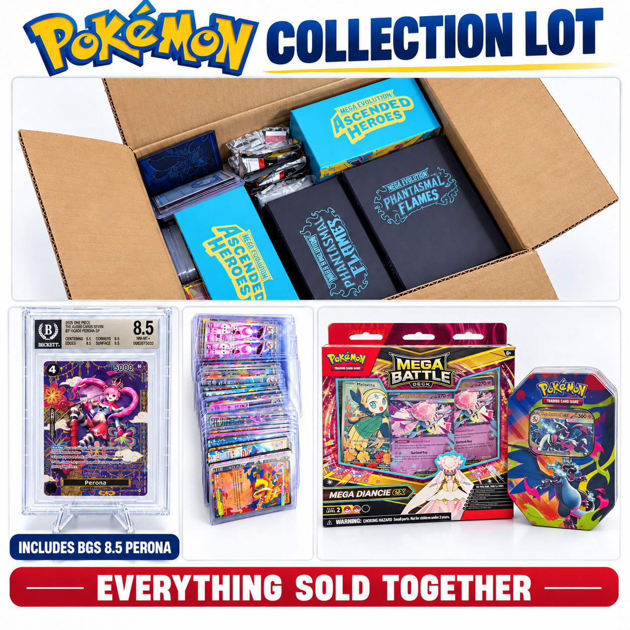 HUGE Pokemon TCG Lot 900 and more + Cards Sealed + BGS 8.5 One Piece Perona