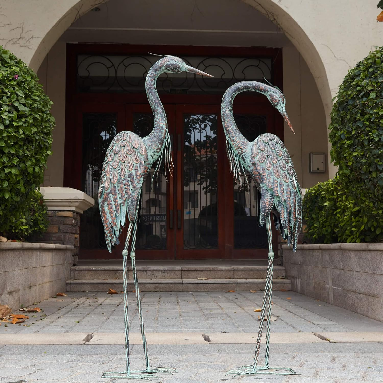 Metal Garden Crane Heron Statues Set of 2 Large Patina Bird Yard Art Decor