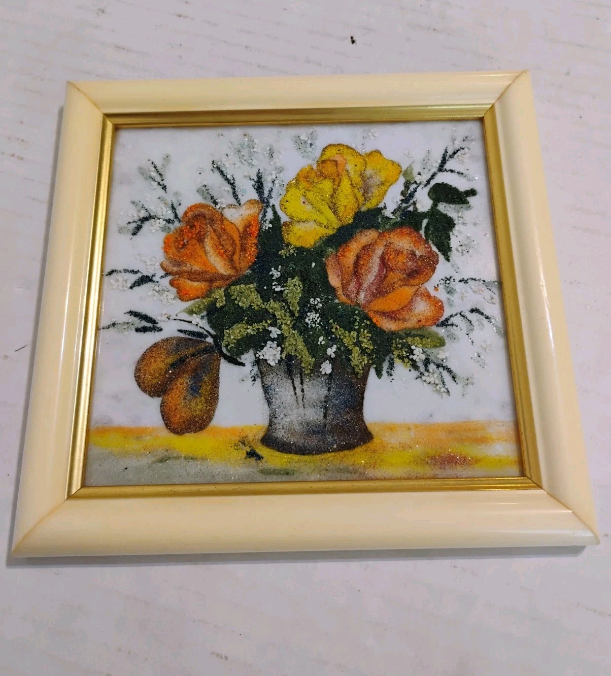 Vtg MCM Gravel Mica Still-Life Flower Vase Wall Art Vtg MCM Gravel Mica Still-Life Flower Vase Wall Art