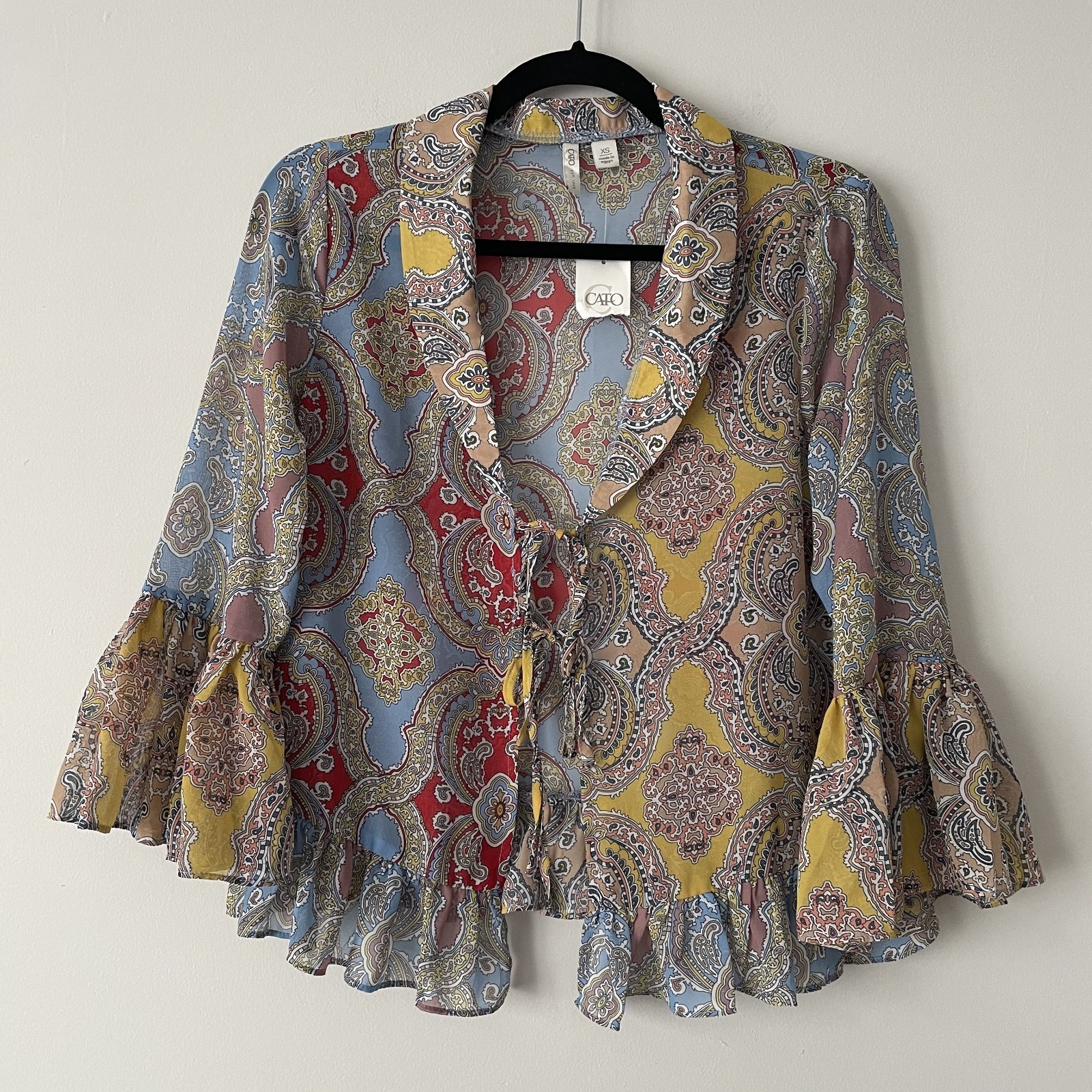 NWT Cato Mixed Print Sheer Tie Open Front Blouse XS Ruffle Boho Western Festival