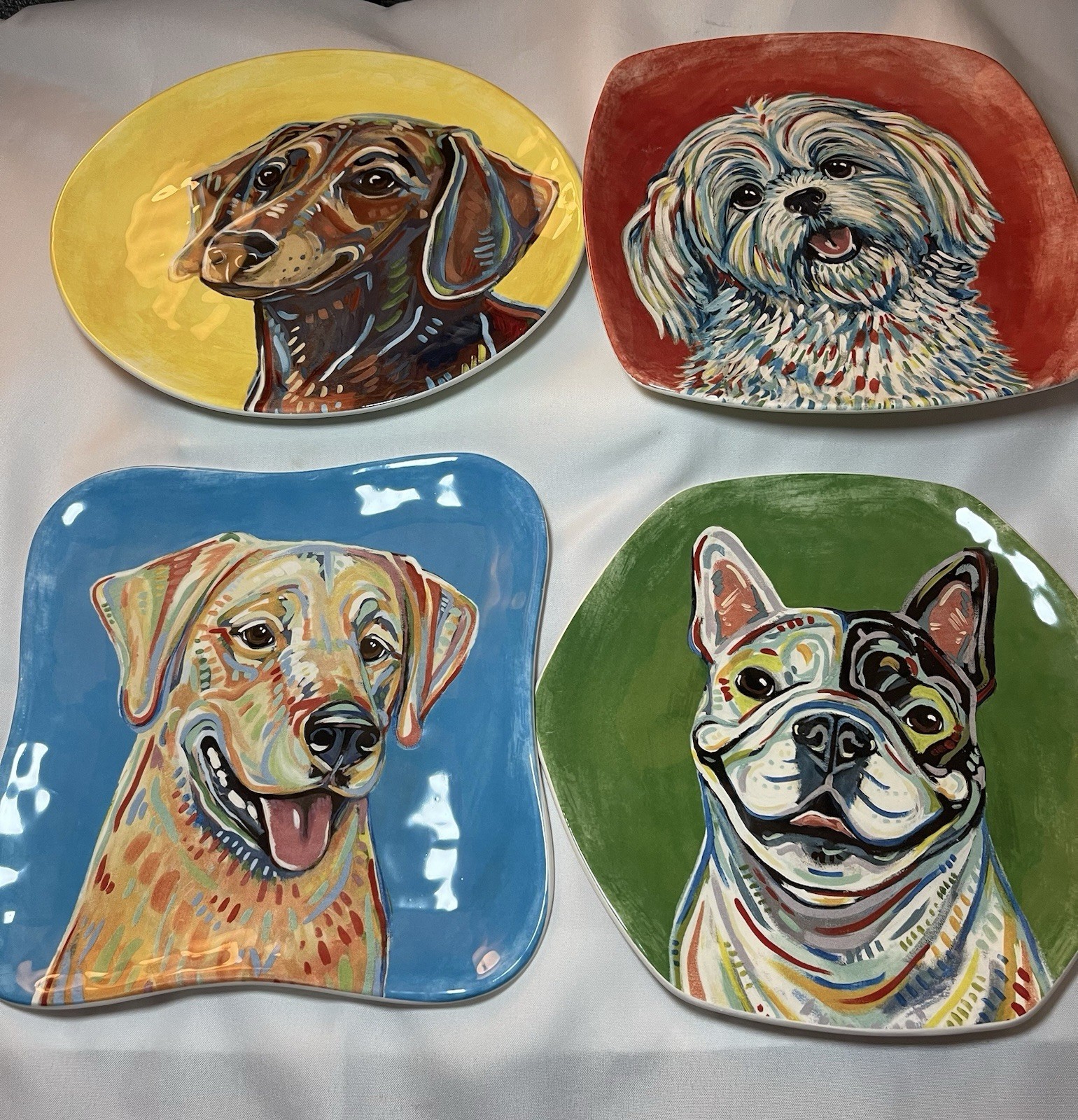 Pier 1 Imports Dog Salad Plates Set Of 4 Abstract Colorful 8x8” Multi Shapes NEW