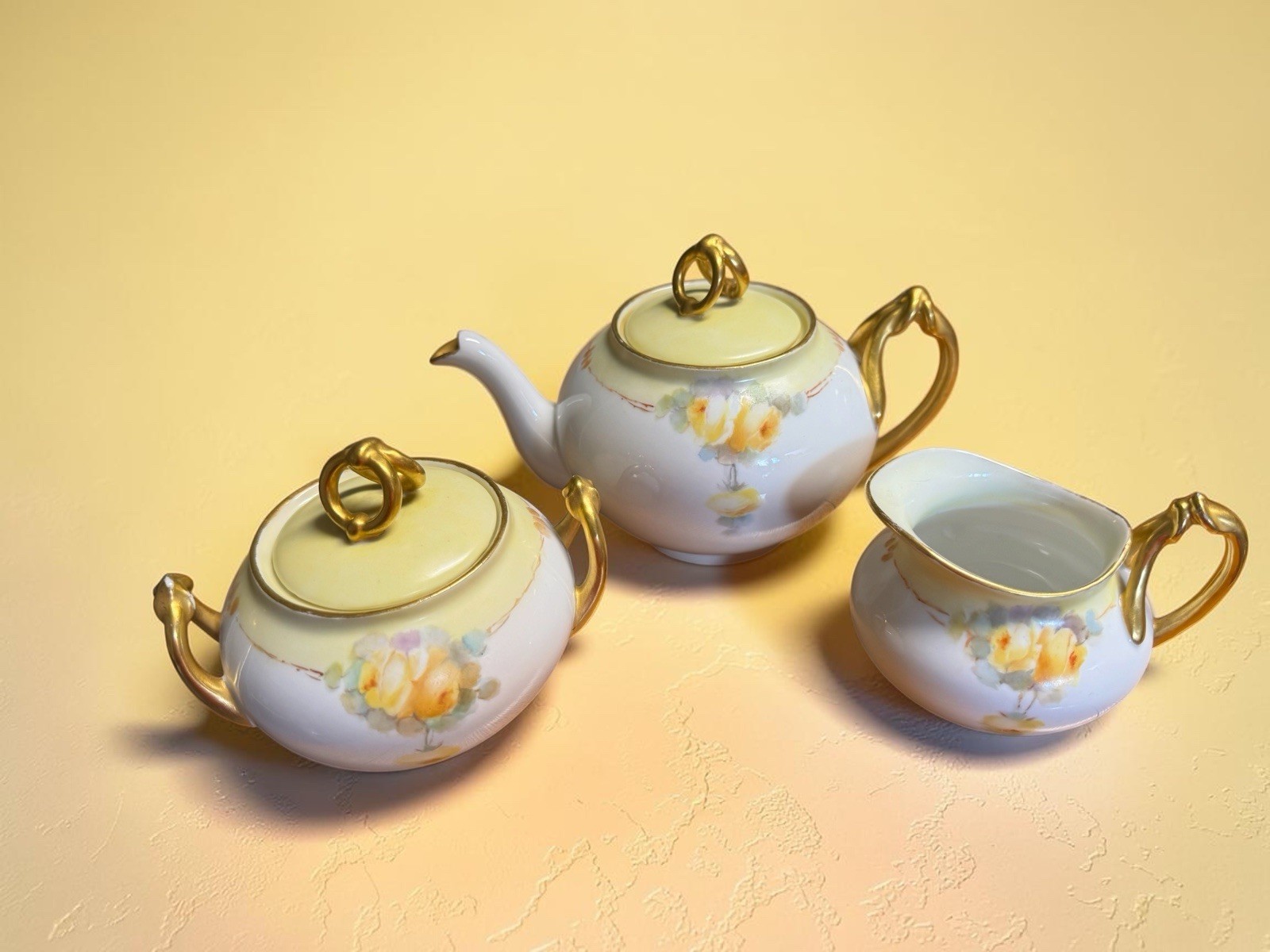 Atq Limoges France 3 Pc. Teapot Cream Sugar Yellow Roses Golden Wedding Annivers