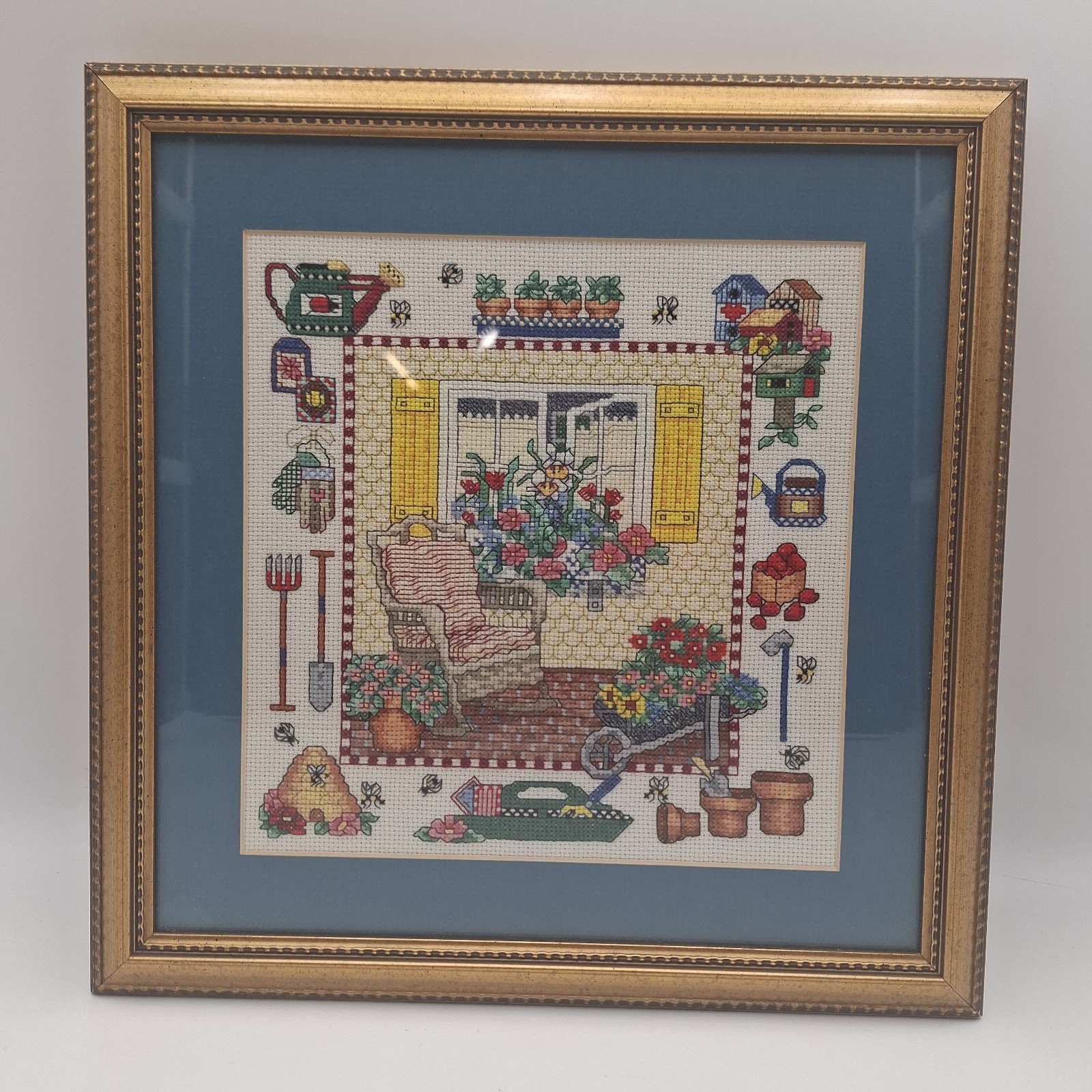 Vintage Bobbie G. Designs Garden Window Complete Cross Stitch Custom Framed