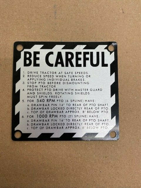 Be Careful Plate for John Deere Tractors From 1961 - 1972