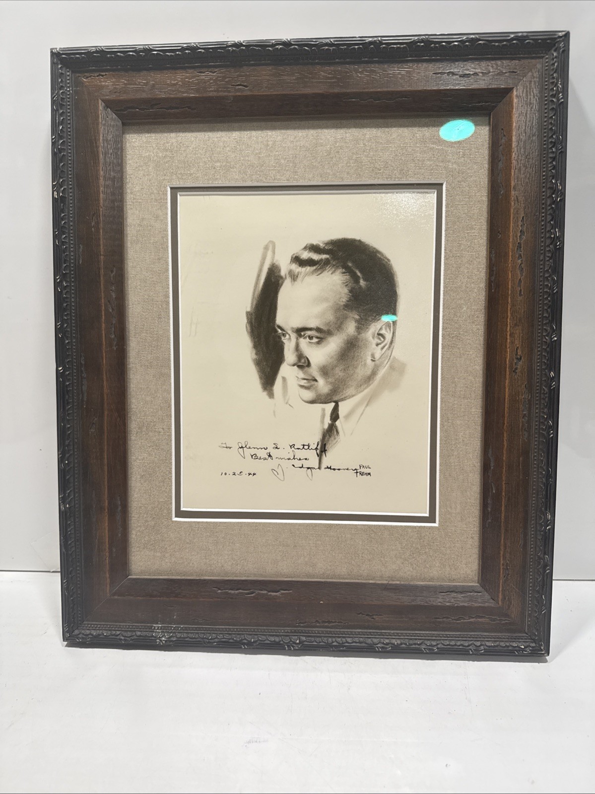 J Edgar Hoover Autographed Framed Picture Signed By Paul Frehm Dated 10/25/44