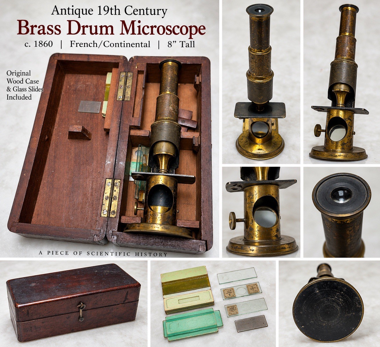 Antique c1860 Brass Drum Microscope 8” Original Wood Case Glass Slides Victorian