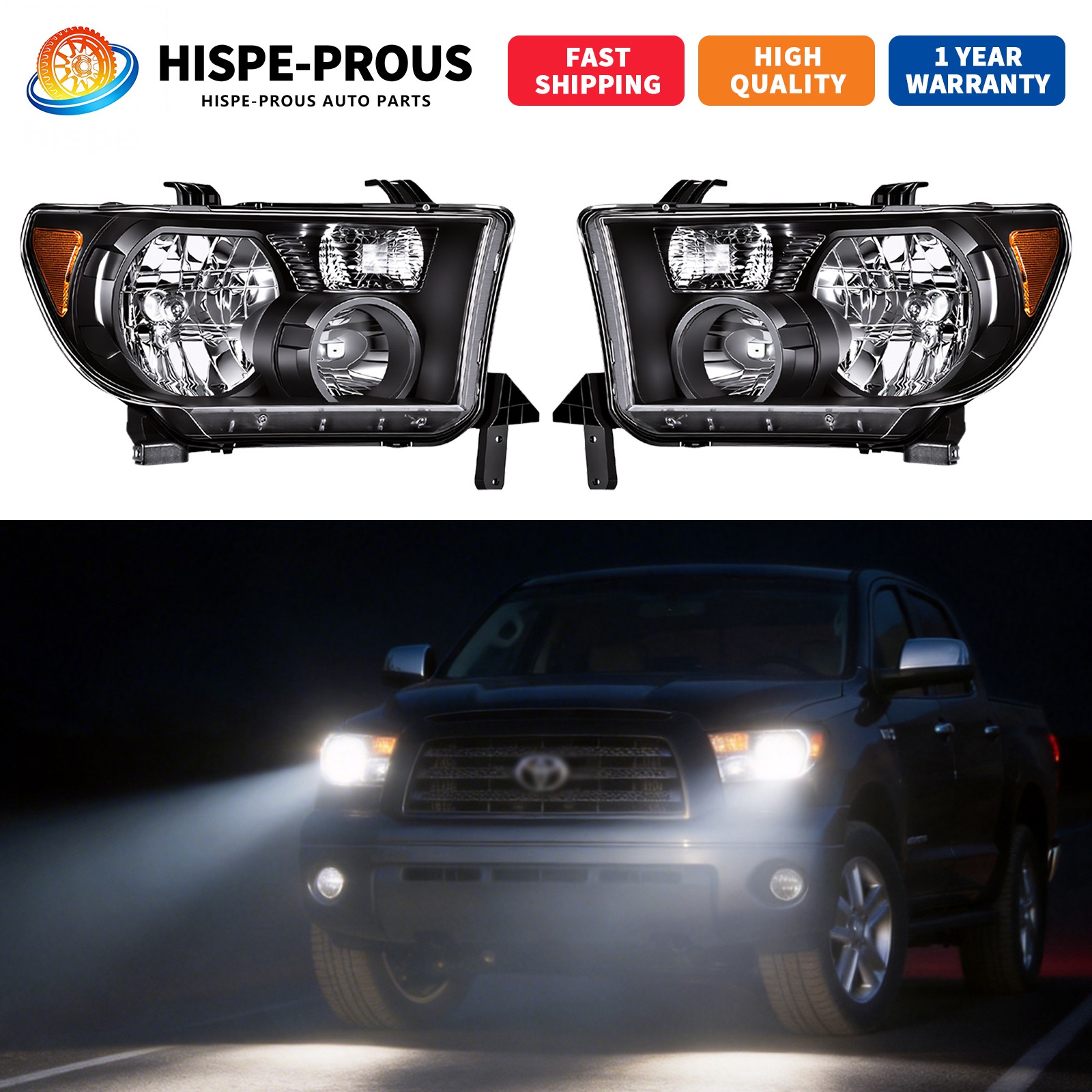 Headlight Set Pair LH+RH with Level Adjuster Fits 2007-2013 Toyota Tundra