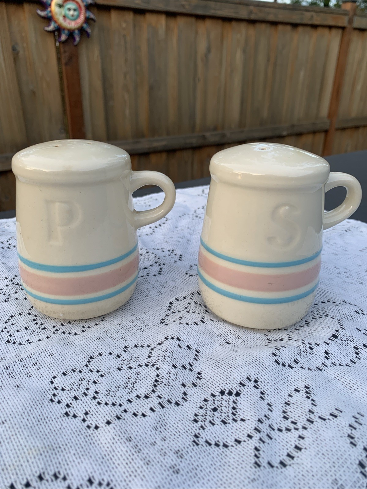 Vintage MCCOY POTTERY USA Pink & Blue Stripe Set/Pair of Salt & Pepper Shakers