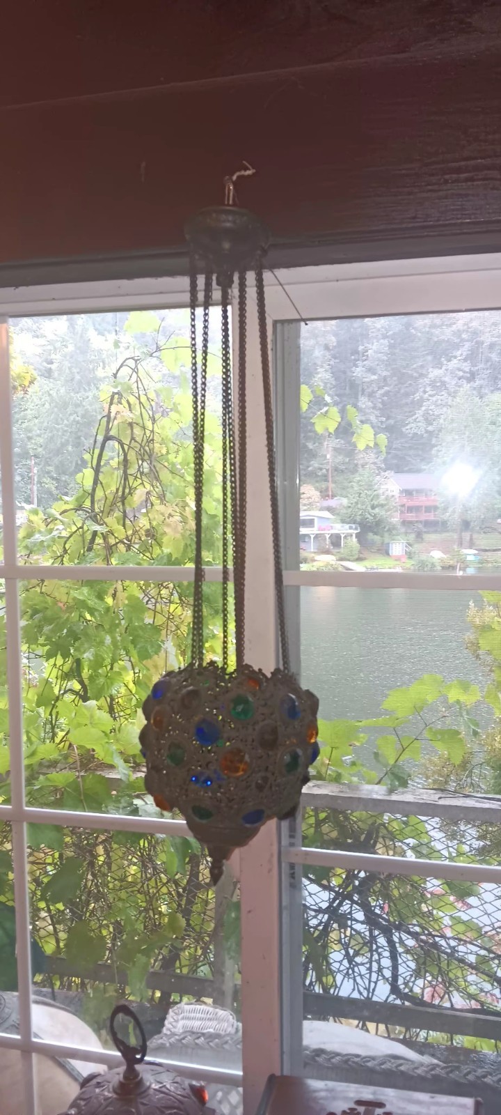 Antique Victorian Cabochon Jeweled Hanging Lamp