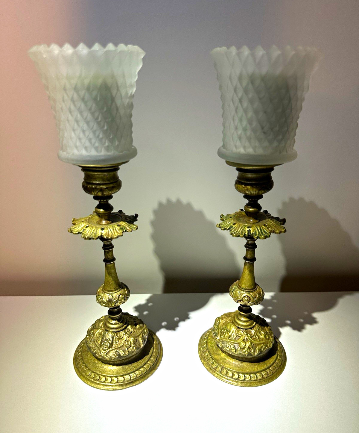 Antique Victorian Gilt Candlestick Pair with Votives Antique Victorian Gilt Candlestick Pair with Votives