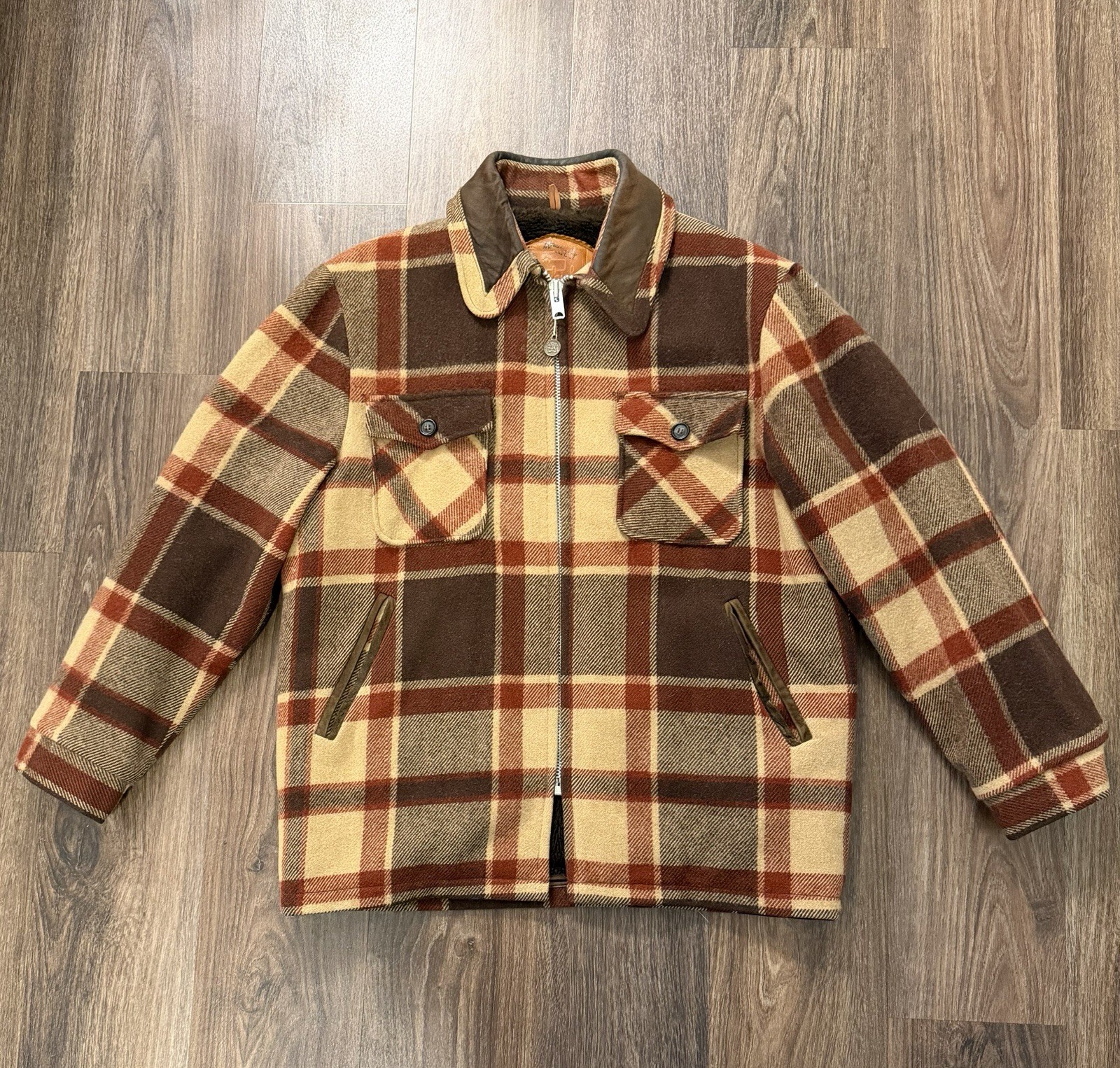 Vintage Woolrich Sherpa Lined Wool Hunting Jacket Brown Red Plaid