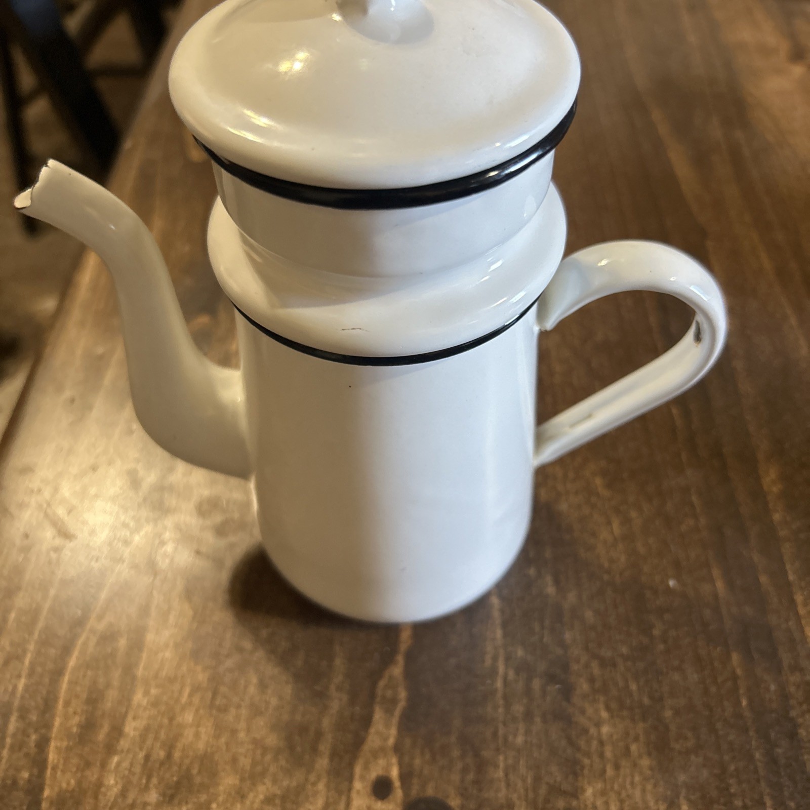 Antique Biggin White Enamel Cajun French Drip Coffee Pot 8\