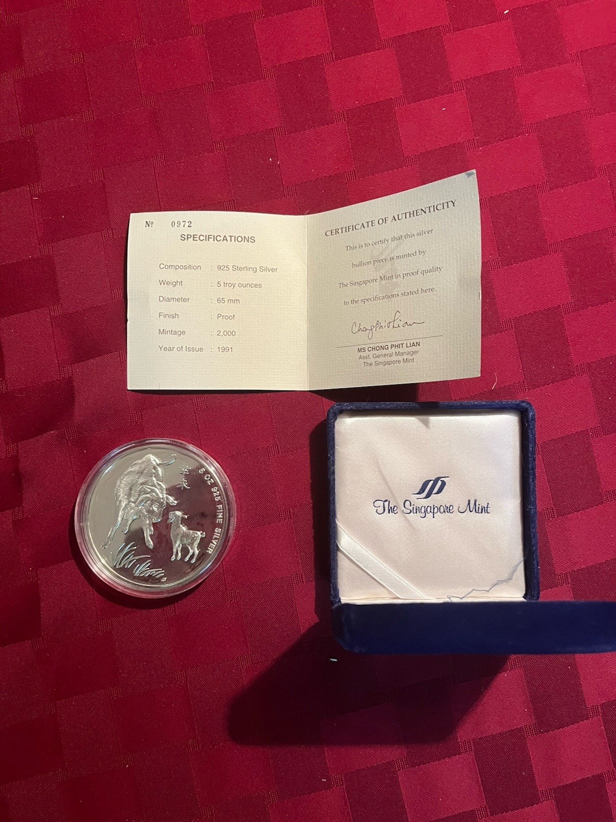 1991 Singapore Mint 5 Troy oz .925 Sterling Silver Proof Coin