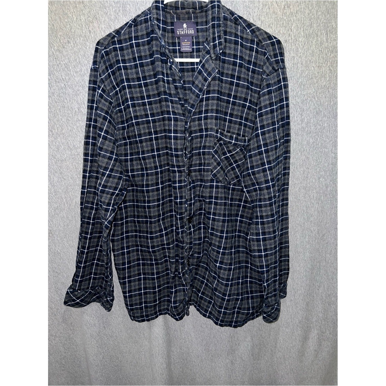 Stafford Mens Blue Black Plaid Button Down Pajama Shirt Long Sleeve Medium M