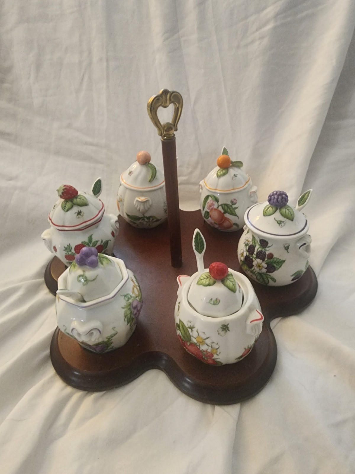 Vintage Lenox 1991 Orchard 6 Jam/Jelly Jar Set w/spoons and Serving Stand