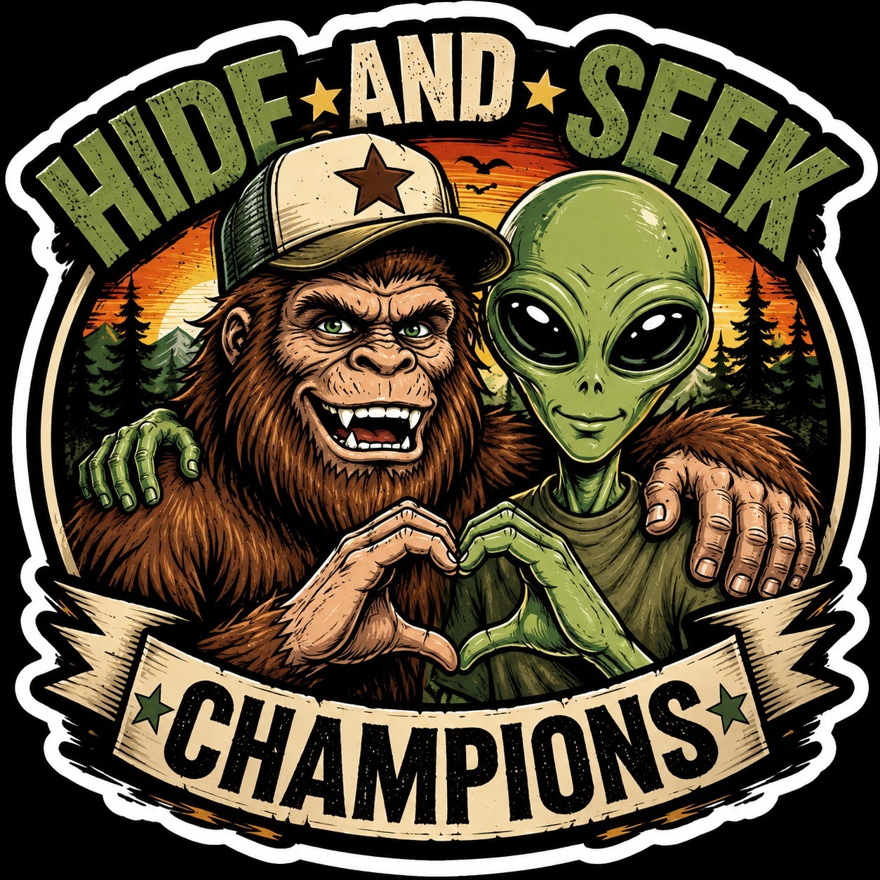Bigfoot Alien Hide and Seek Champions Vinyl Sticker Decal Funny Sasquatch UFO 