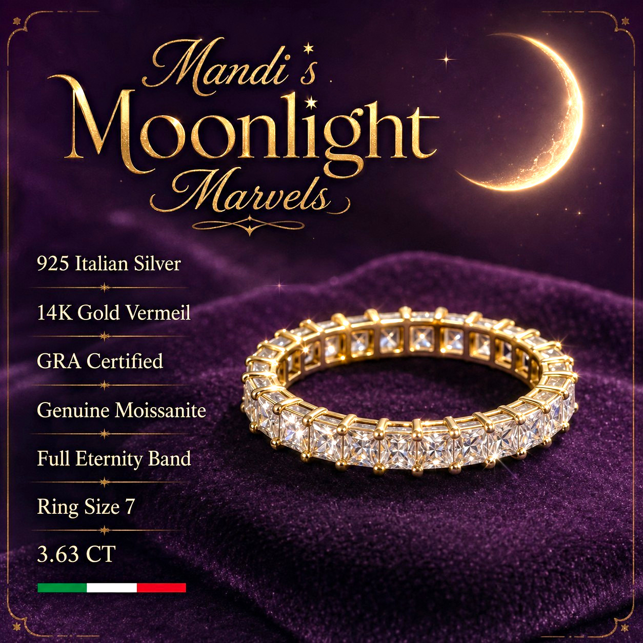 Mandi\'s Moonlight Marvels 925 Gold Vermeil Moissanite 3.63ctw Eternity 7