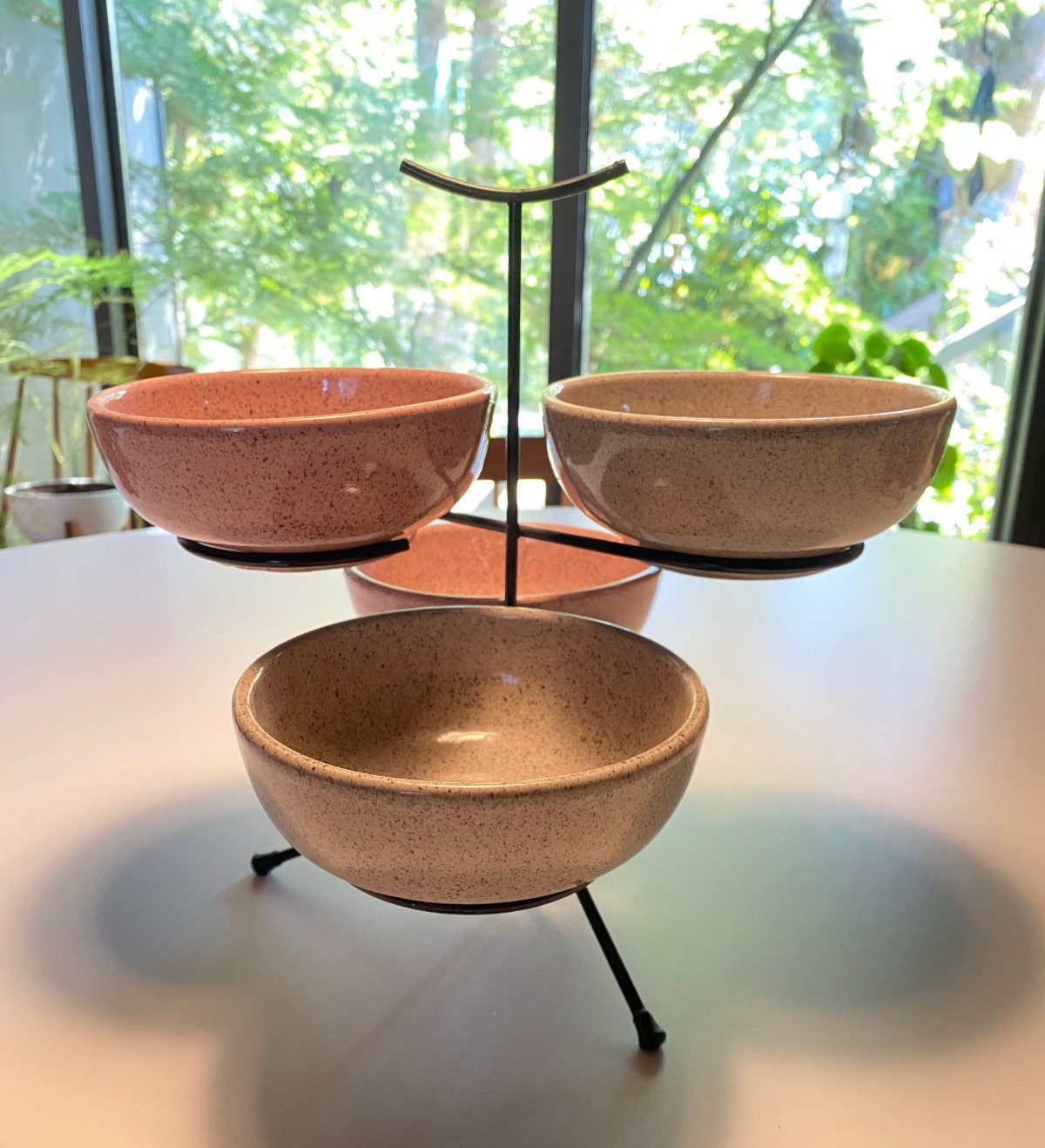 Vtg MCM Atomic 4 Bowl Buffet Server Pink Grey Speckled Pottery Pfaltzgraff McCoy