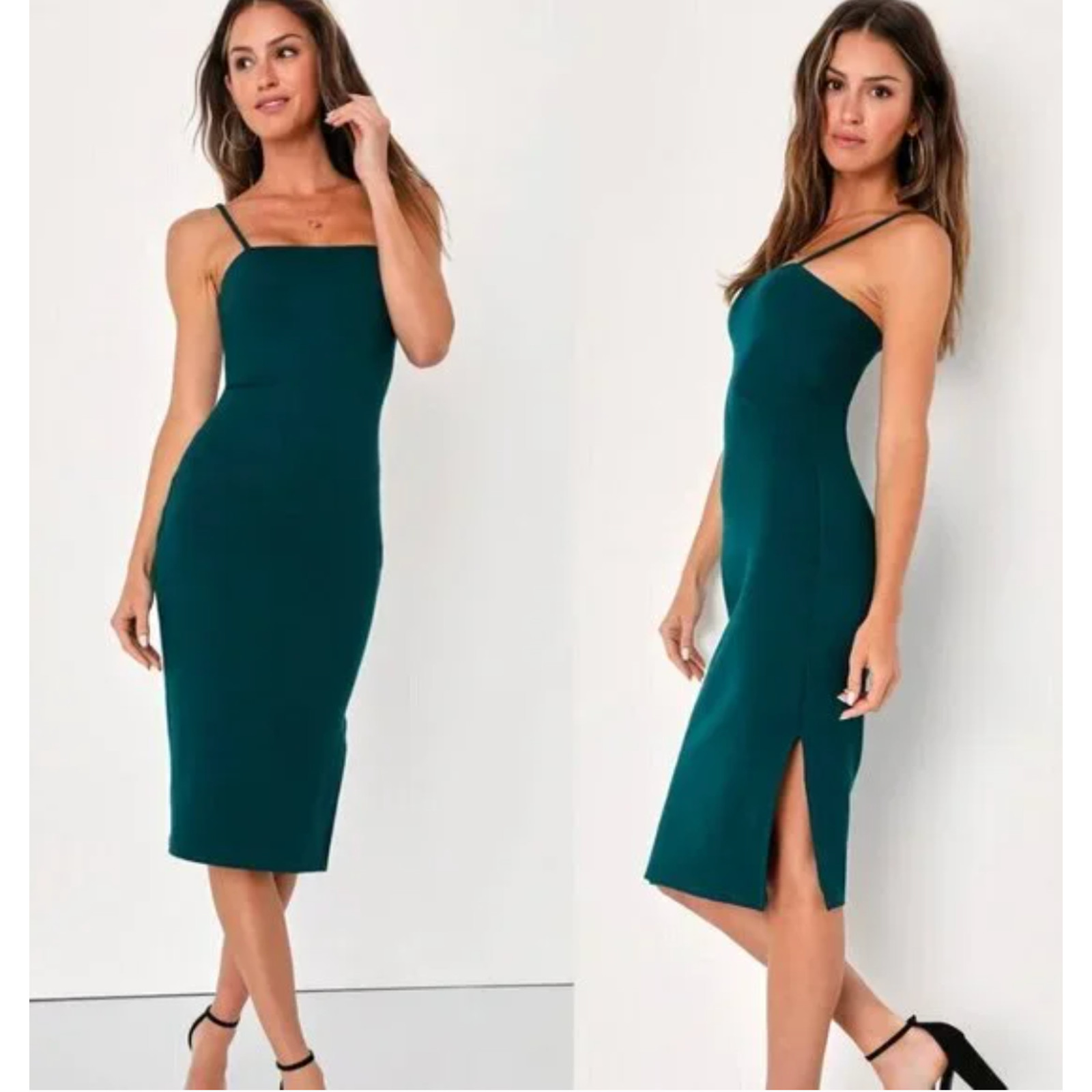 NWT LULUS Paulina Forest Green Bodycon Midi Dress Size MEDIUM Cocktail Evening