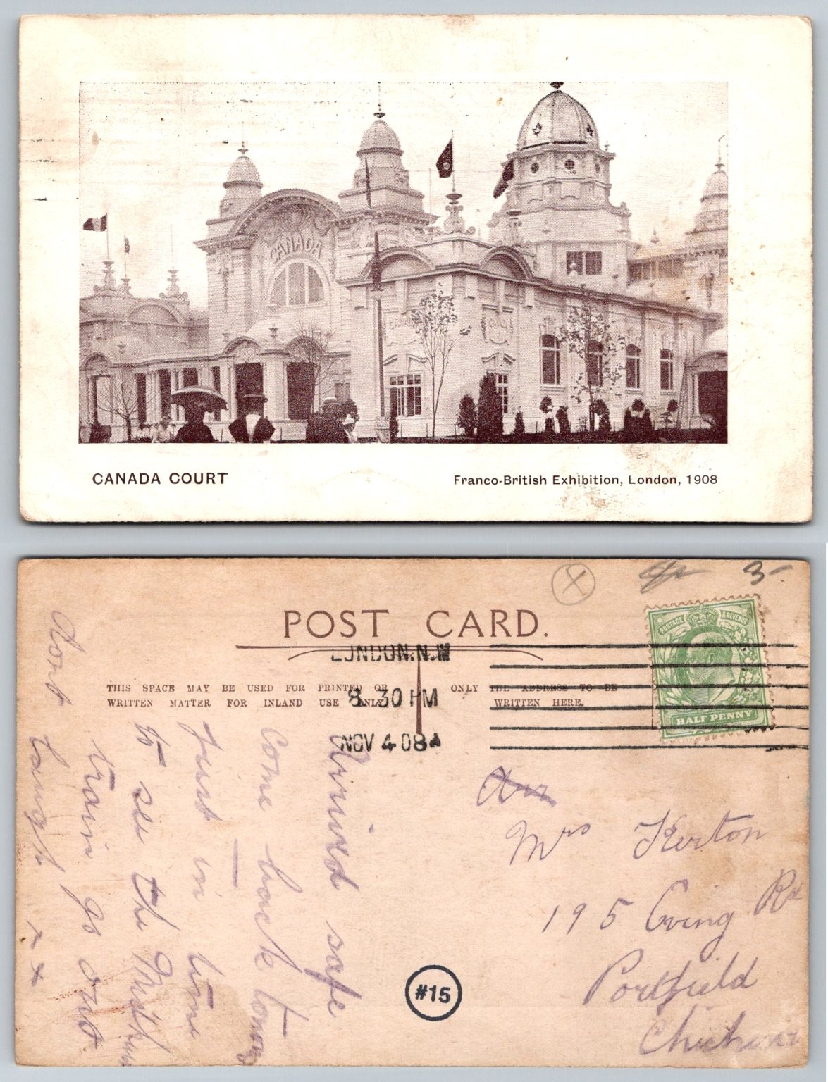 Canada Court Franco-British Exhibition London 1908 Vintage Postcard Posted