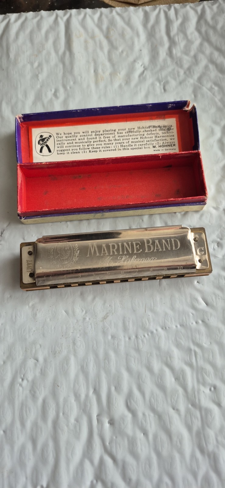 VINTAGE M. HOHNER MARINE BAND HARMONICA N0. 1896 WITH BOX GERMANY KEY C 
