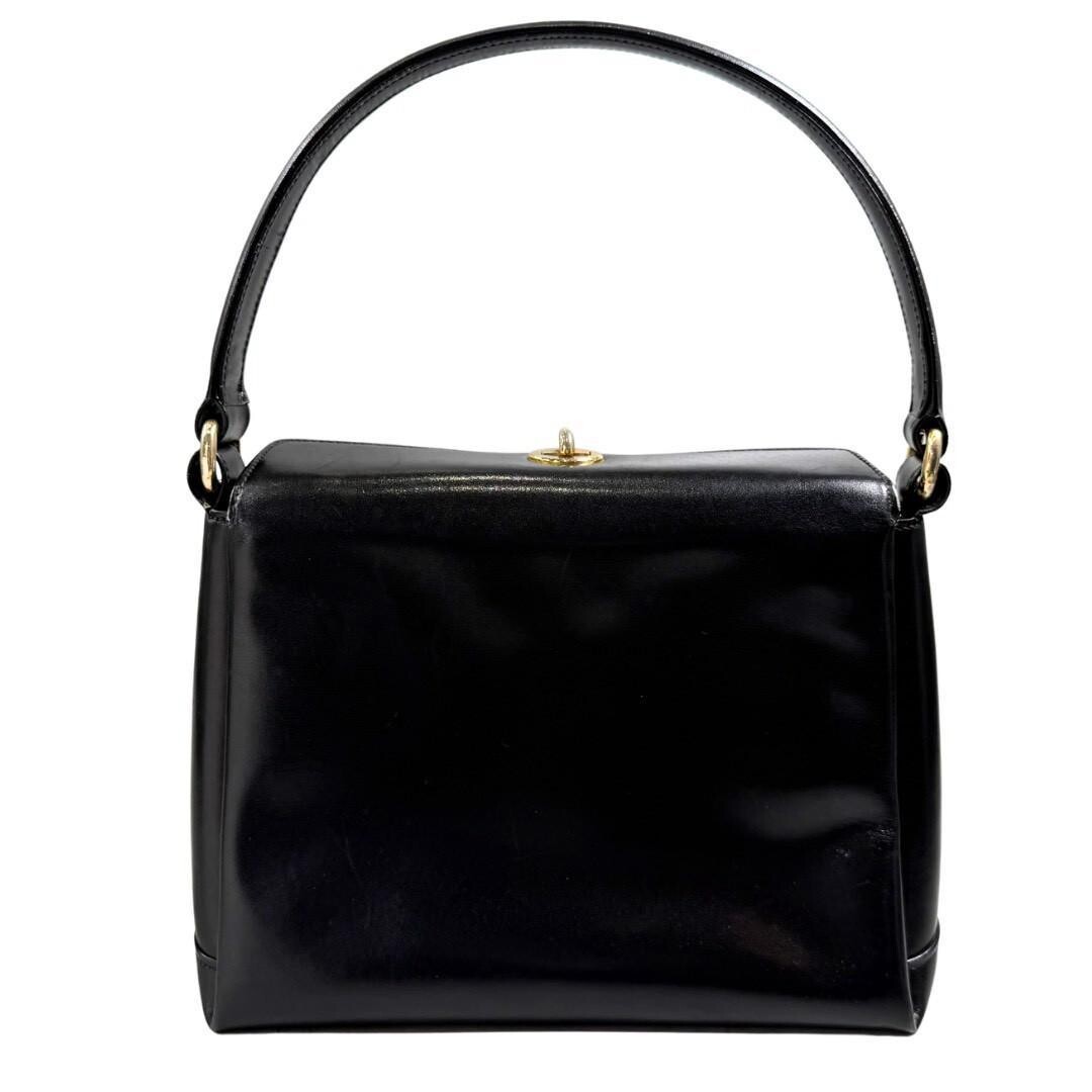 Gucci Vintage Black Leather Top Handle Flap Bag Gold Hardware Italy Medium