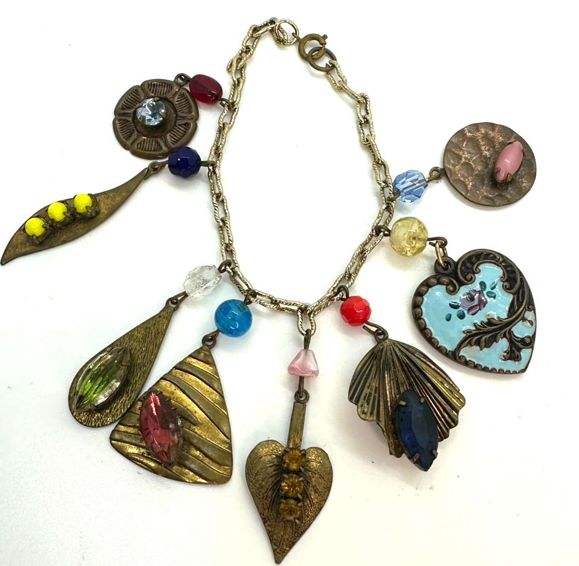 Vintage Charm Bracelet Victorian Revival Art Deco Glass Enamel Heart Rhinestone